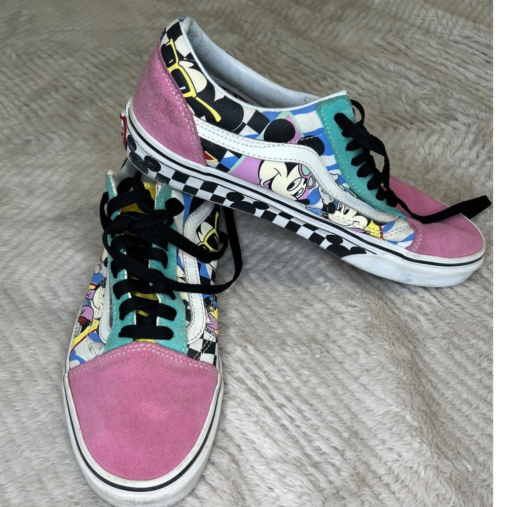 Vans Disney Mickey Mouse Old Skool Sneakers Checkerboard Pink Teal Men 10 W 11.5